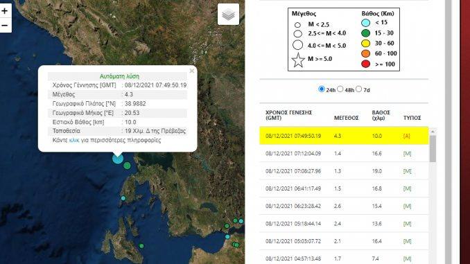 Σεισμός 4,3 R δυτικά της Πρέβεζας